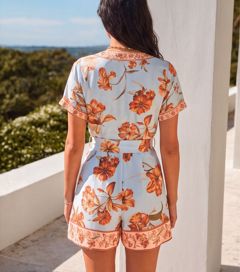 Light Blue Orange Floral Trim Wrap Short Sleeve Romper