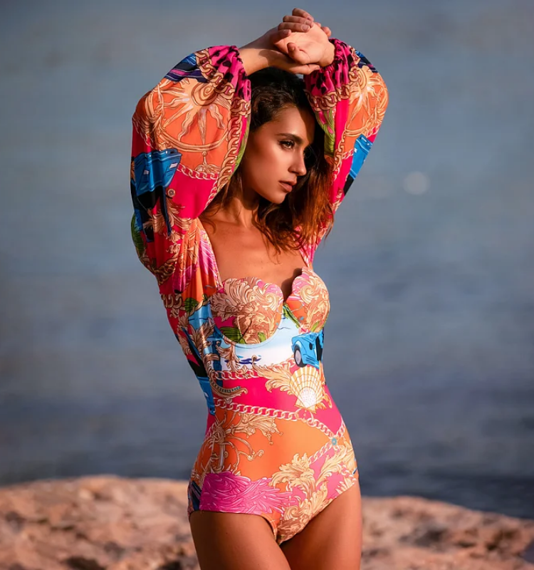 Long Sleeve Shell Chest Pad Printed One Piece Swimsuit and Skirt