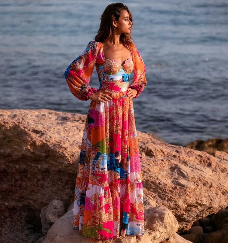 Long Sleeve Shell Chest Pad Printed One Piece Swimsuit and Skirt