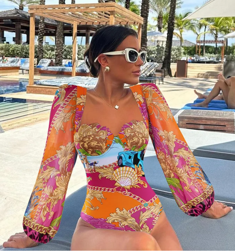 Long Sleeve Shell Chest Pad Printed One Piece Swimsuit and Skirt
