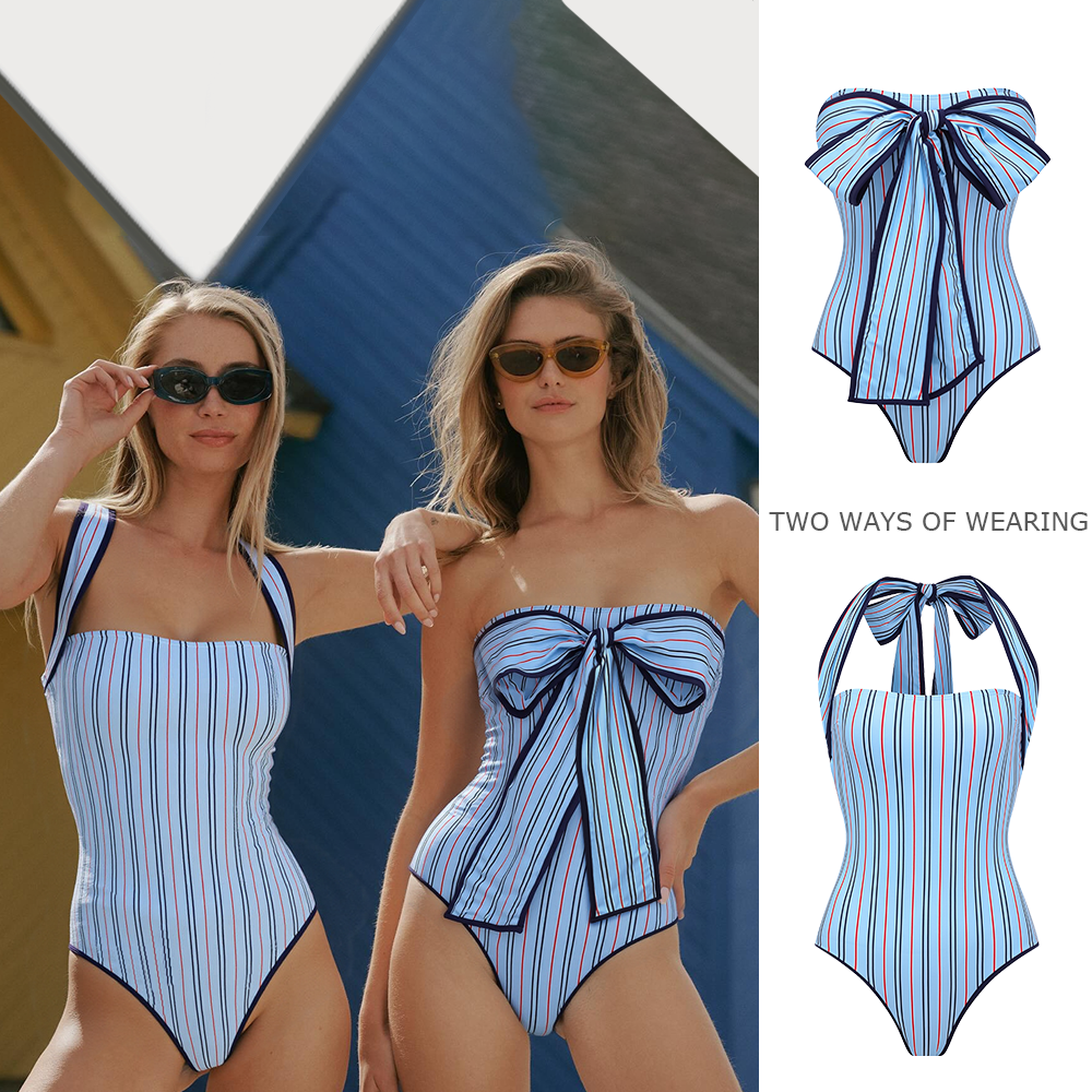 Multi-Way Striped Bow One Piece Swimsuit and Skirt
