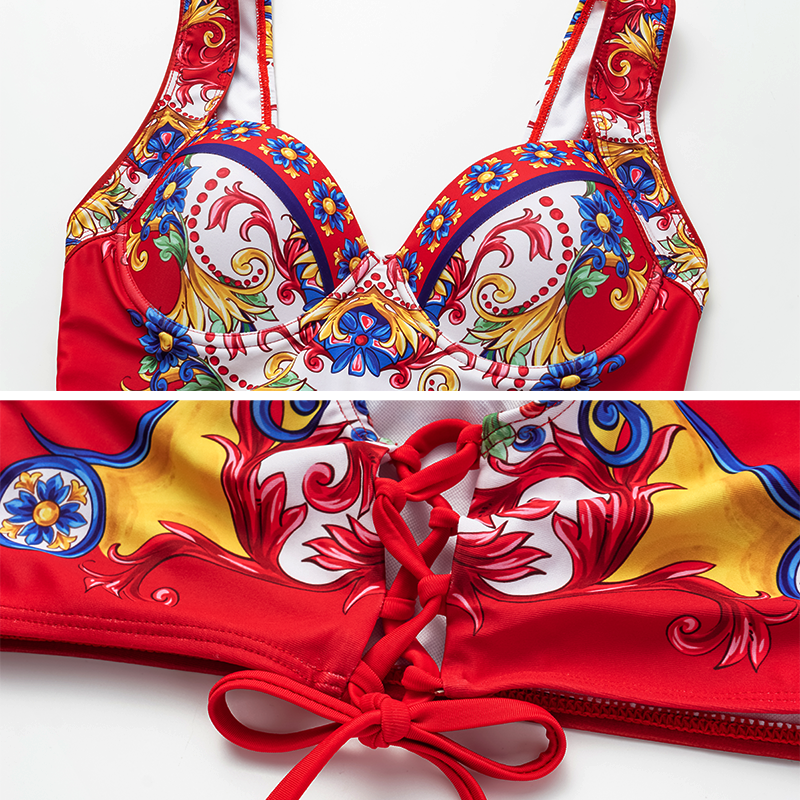 Sling Pattern Print Bikini Swimsuit and Skirt