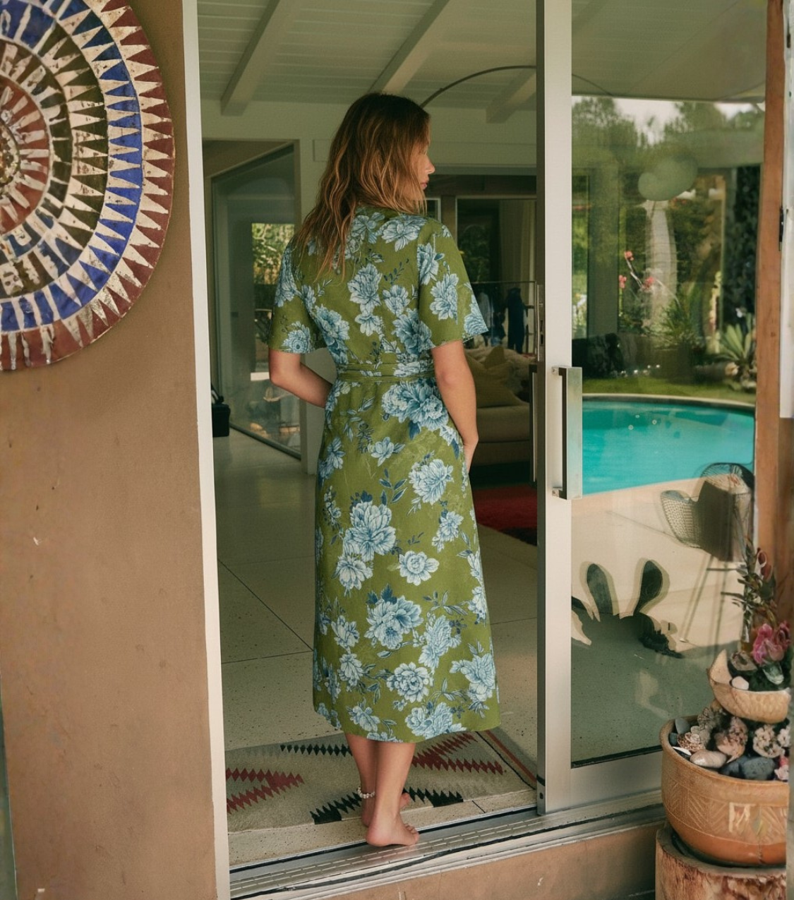 Green Base Blue Floral Wrap Midi Dress