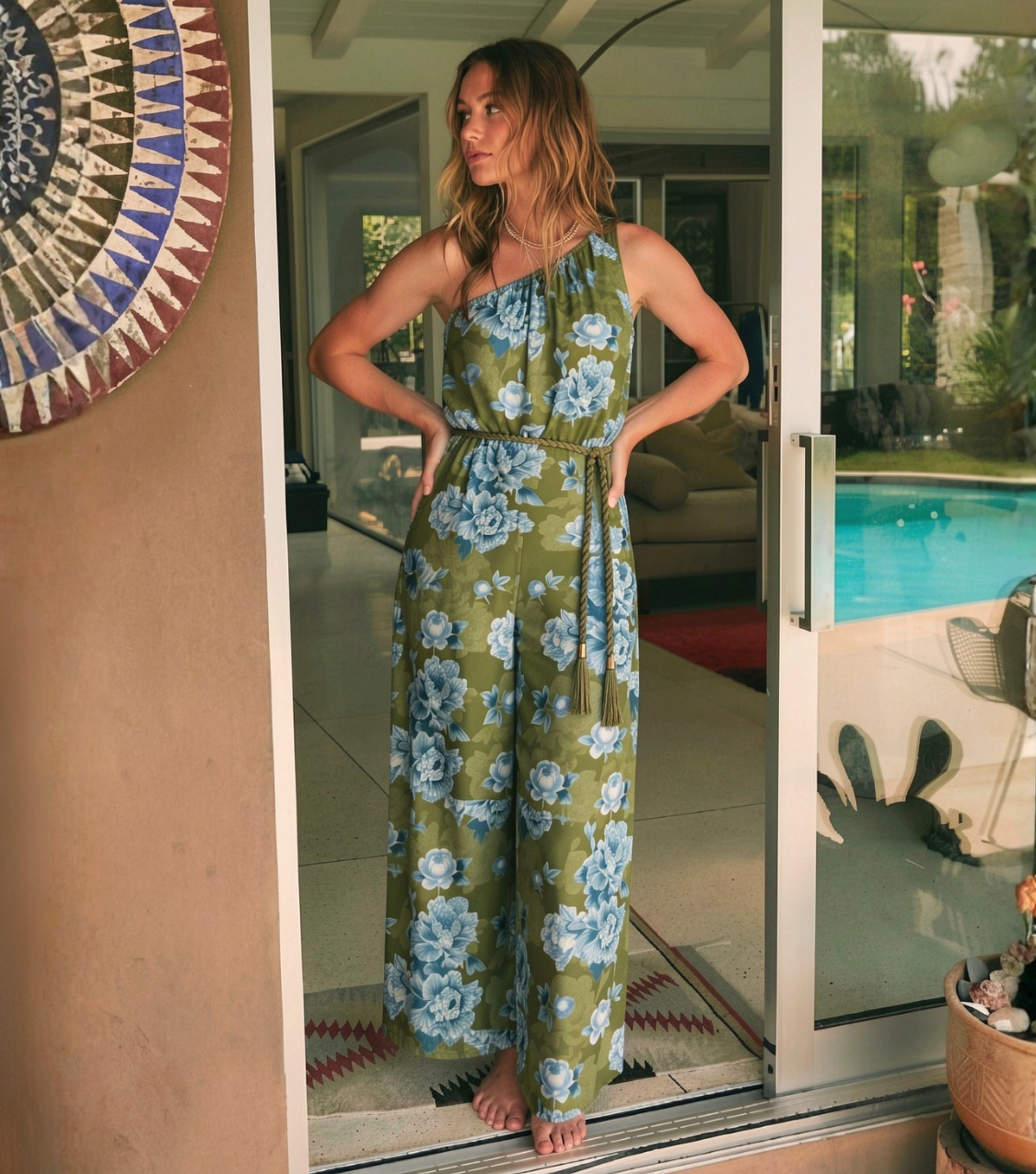 Green Base Blue Floral One-Shoulder Belted Jumpsuit