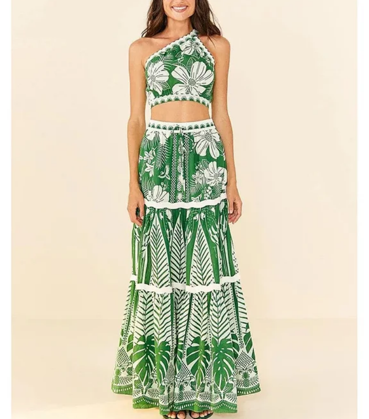 One Shoulder Green Flower Printed Bikini Swimsuit and Skirt