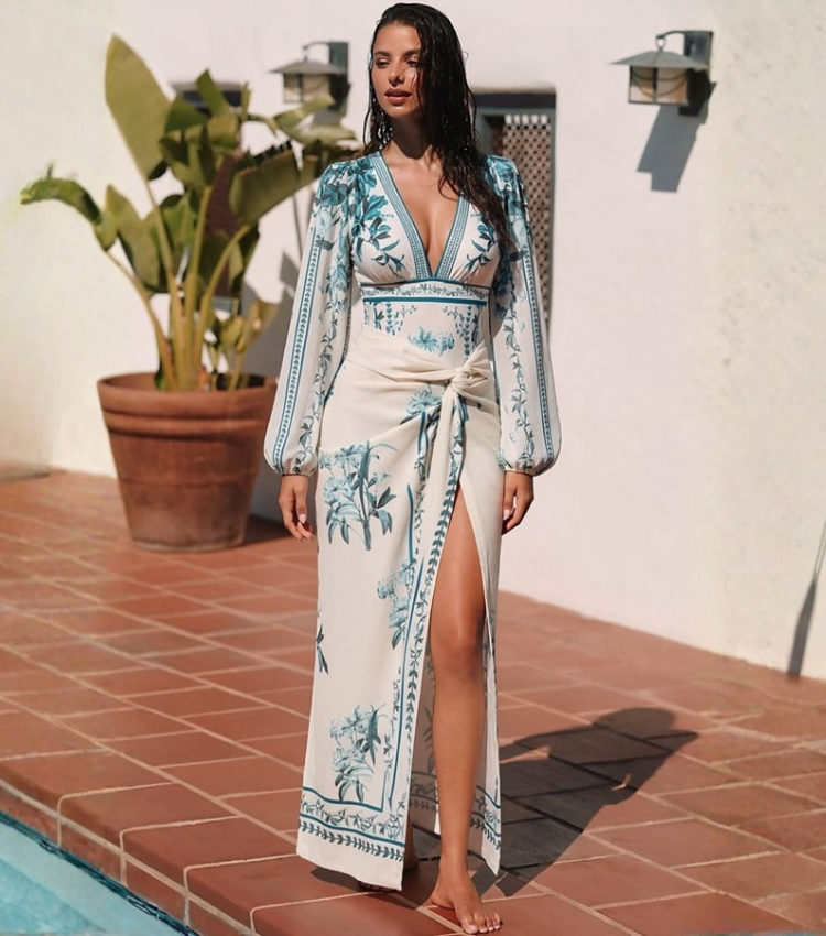 Dark Cyan Long Sleeved Floral SwimsuitL Set(s)