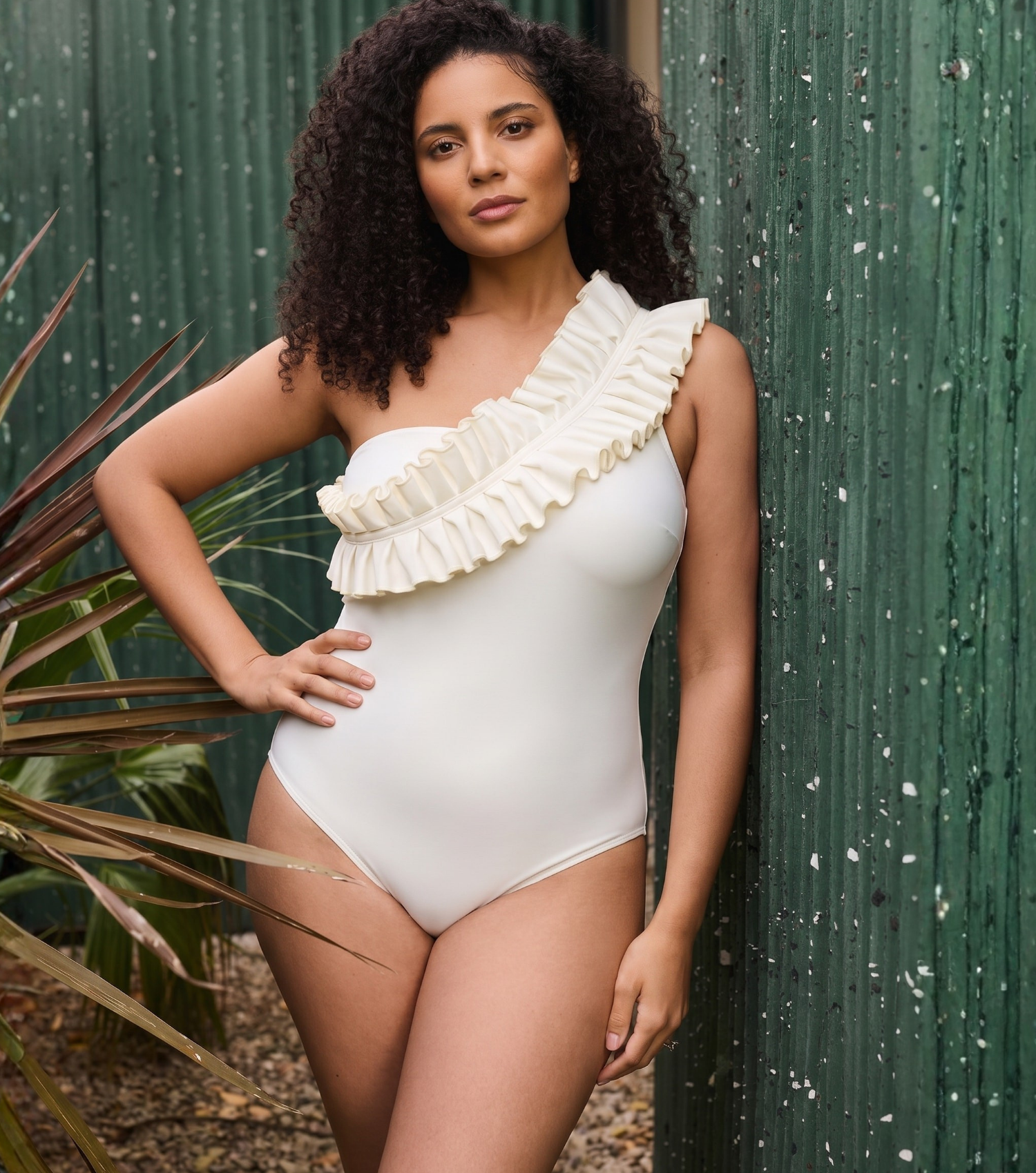 Plus Size One Shoulder Ruffle White One Piece Swimsuit and Skirt Flaxmaker