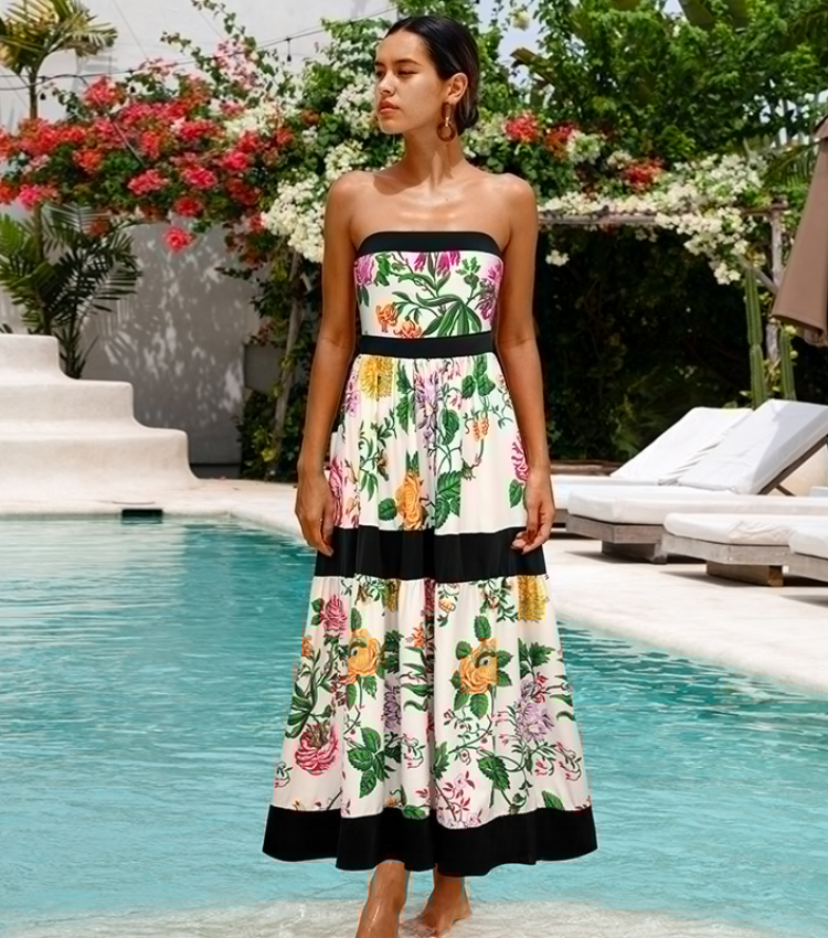 Off Shoulder Back Bow Tie Color Block Printed One Piece Swimsuit and Skirt Flaxmaker