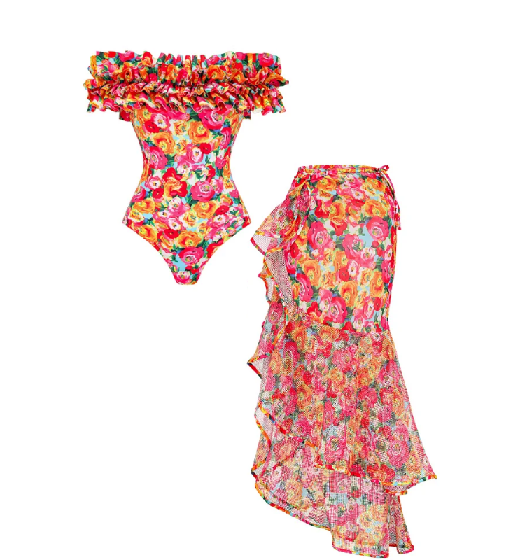 Detachable Double Shoulder Strap With Ruffles One Piece Swimsuit and Sarong Flaxmaker