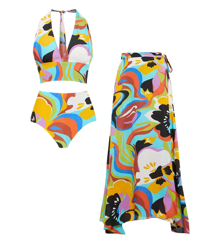 Color Block Halter Bikini Swimsuit and Skirt Flaxmaker