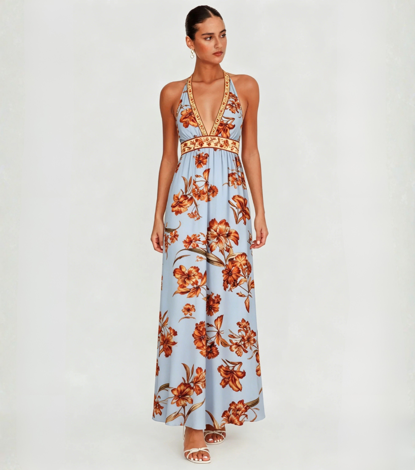 Light Blue Orange Floral Trim Halter V-Neck Maxi Dress