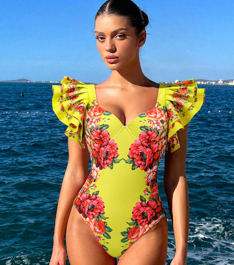Ruffled Blooming Flower Print One Piece Swimsuit and Skirt Flaxmaker