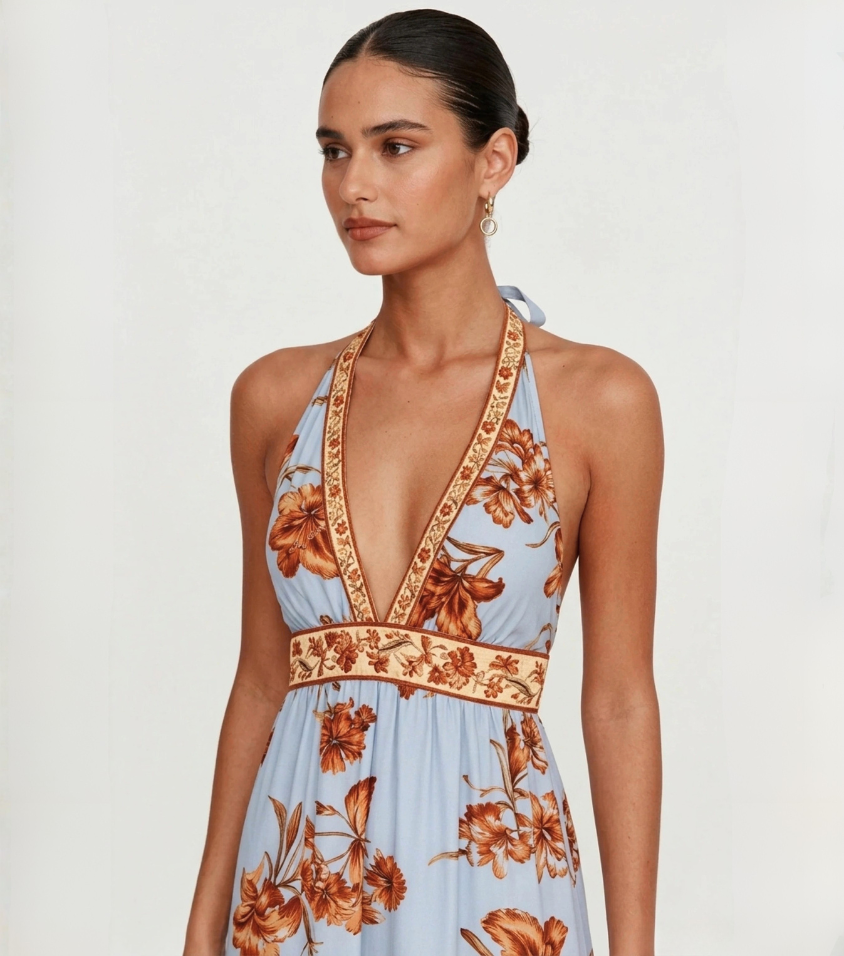 Light Blue Orange Floral Trim Halter V-Neck Maxi Dress