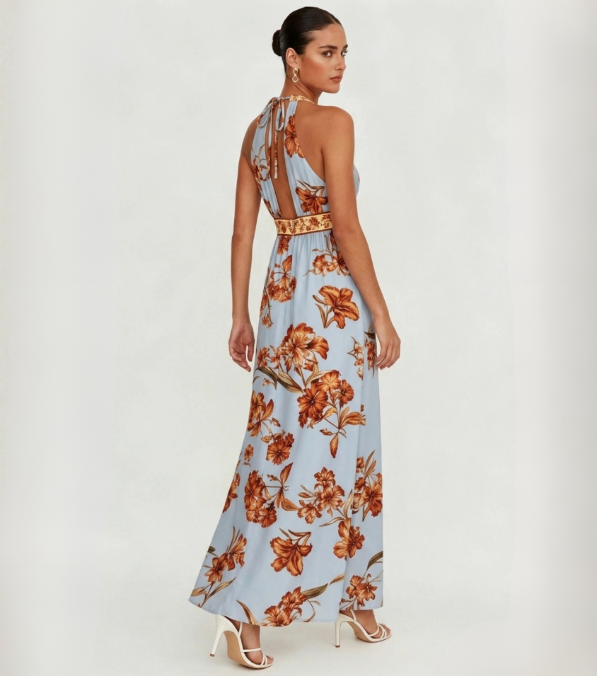 Light Blue Orange Floral Trim Halter V-Neck Maxi Dress