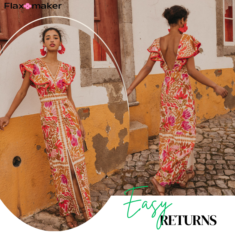 V Neck Retro Printed Backless Dress