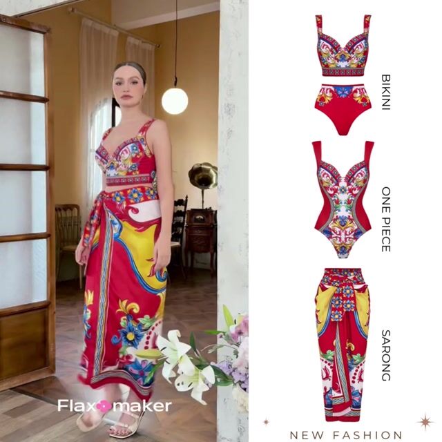 Sling Pattern Print Bikini Swimsuit and Skirt