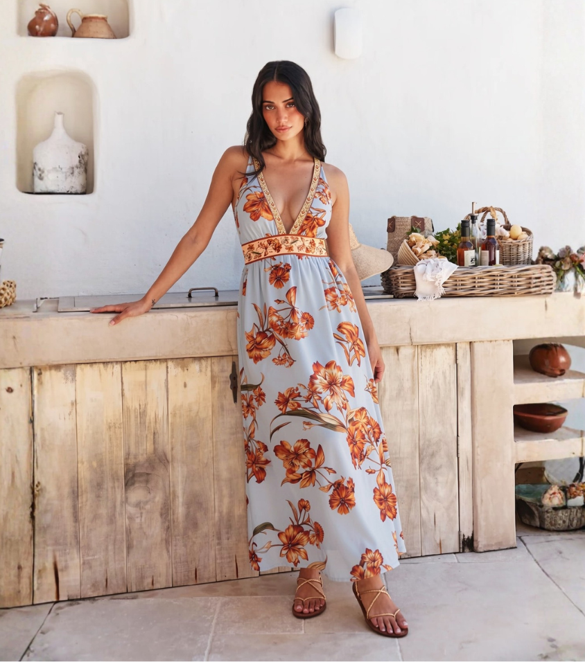 Light Blue Orange Floral Trim Halter V-Neck Maxi Dress