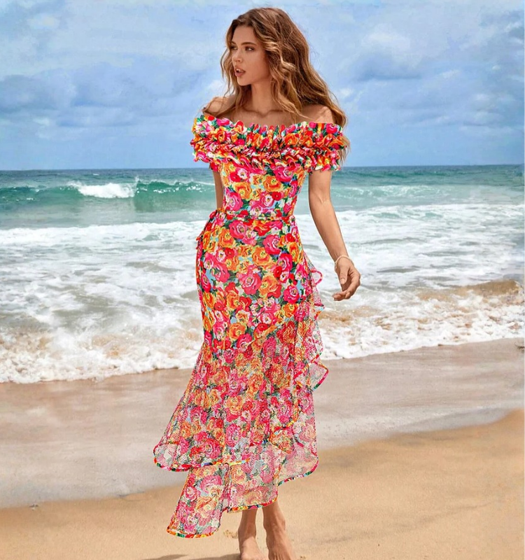 Detachable Double Shoulder Strap With Ruffles One Piece Swimsuit and Sarong Flaxmaker