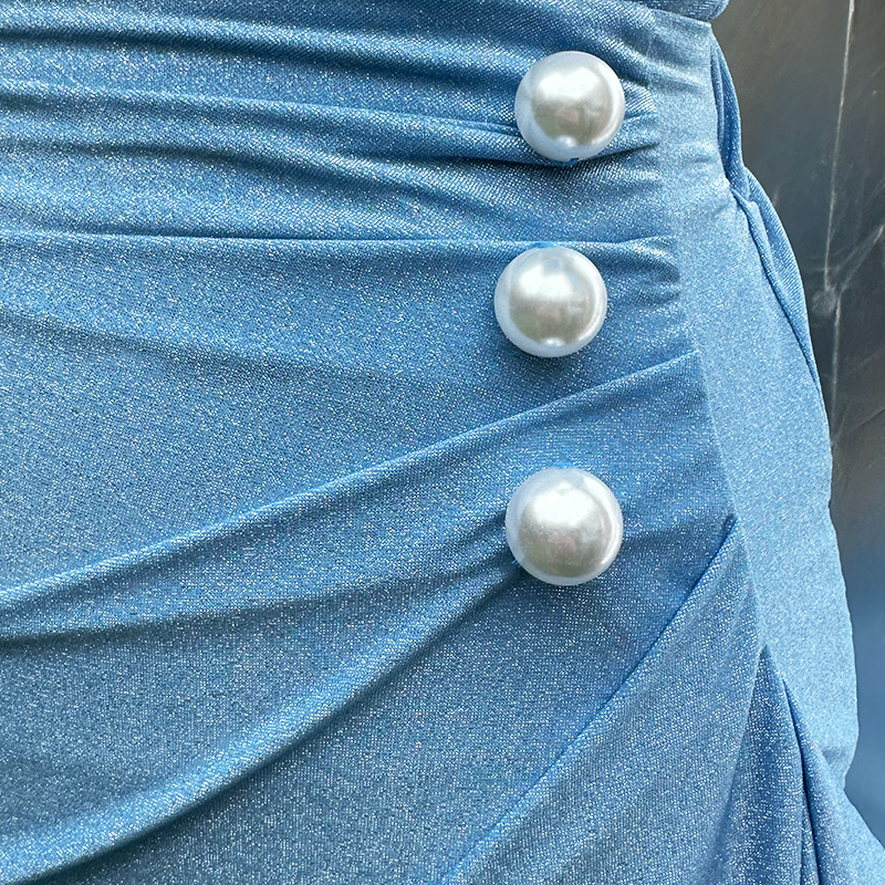 Shiny Fabric Sling Pearl Decor Light Blue One Piece Swimsuit and Skirt