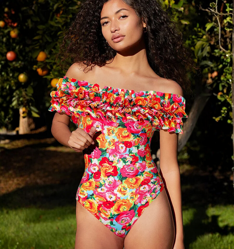 Detachable Double Shoulder Strap With Ruffles One Piece Swimsuit and Sarong Flaxmaker