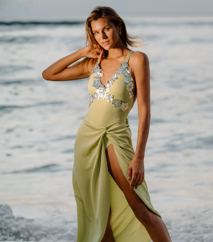 3D Leather Flower V-neck Cross Straps Shimmering Fabric One Piece Swimsuit and Sarong