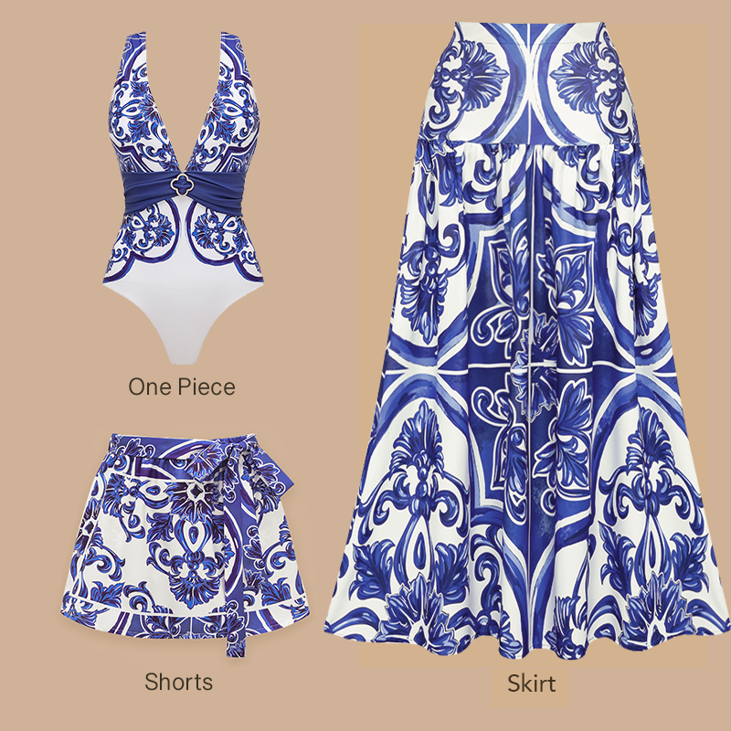 V Neck Classic Majolica Series Pattern Print One Piece Swimsuit and Pants or Shorts