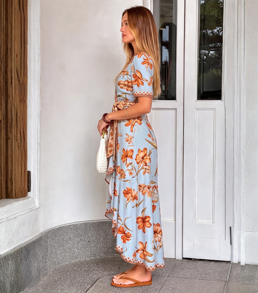 Light Blue Orange Floral Trim Wrap Asymmetrical Midi Dress