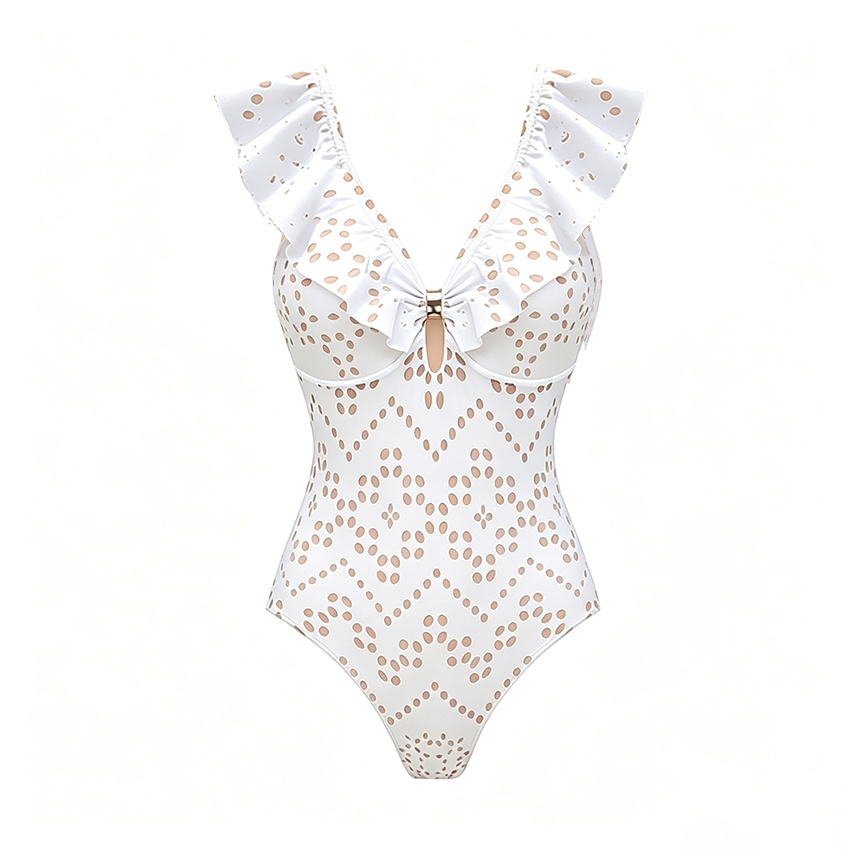 V Neck White Laser Cutting Flower Cut Out Swimsuit Set(s)