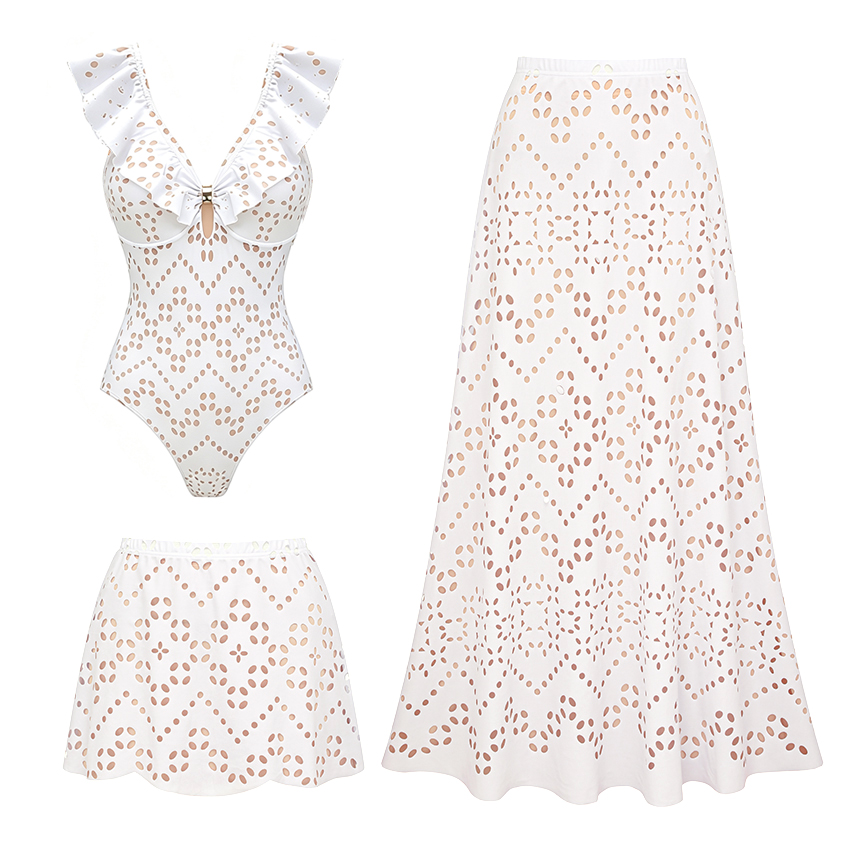 V Neck White Laser Cutting Flower Cut Out Swimsuit Set(s)