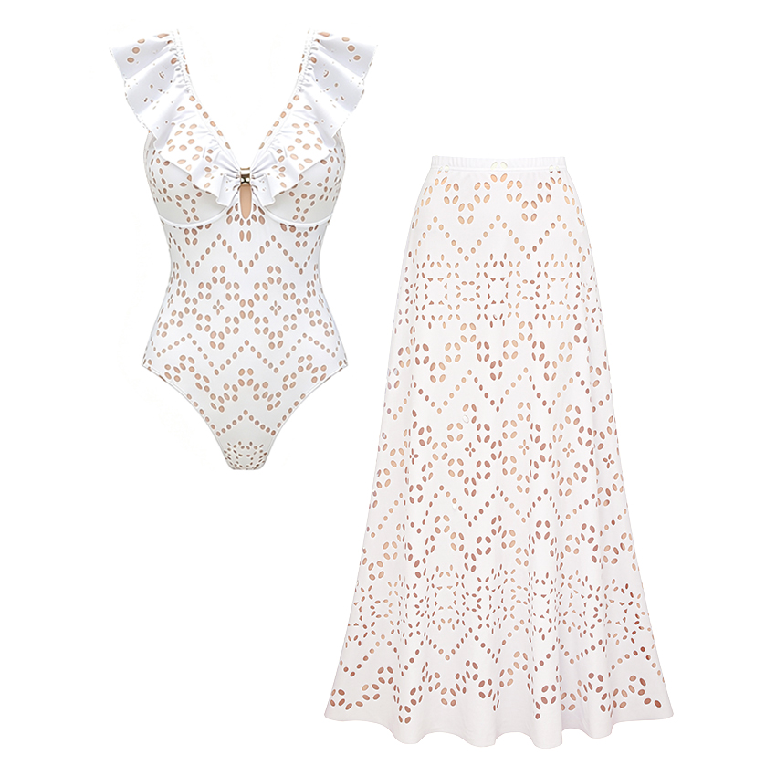 V Neck White Laser Cutting Flower Cut Out Swimsuit Set(s)