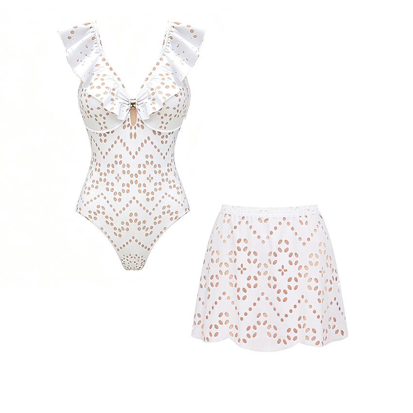 V Neck White Laser Cutting Flower Cut Out Swimsuit Set(s)