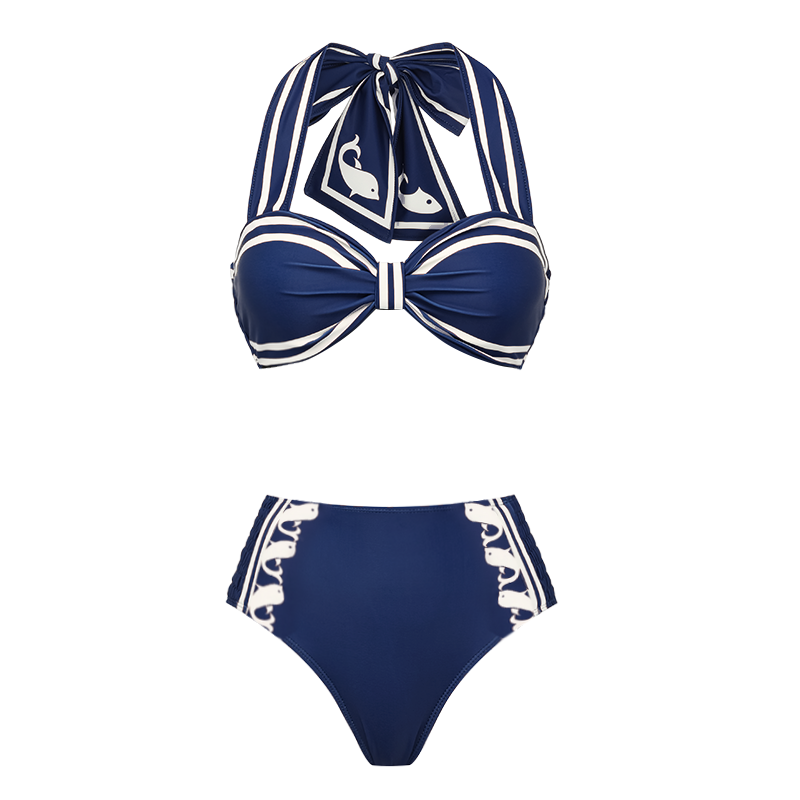 Plus Size Navy Style Printed Bow Tie Decor Bikini Swimsuit and Skirt