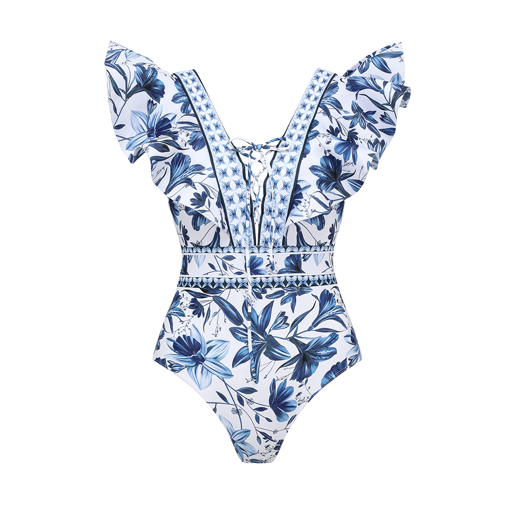 V Neck Ruffle Lace Up Printed One Piece Swimsuit and Skirt