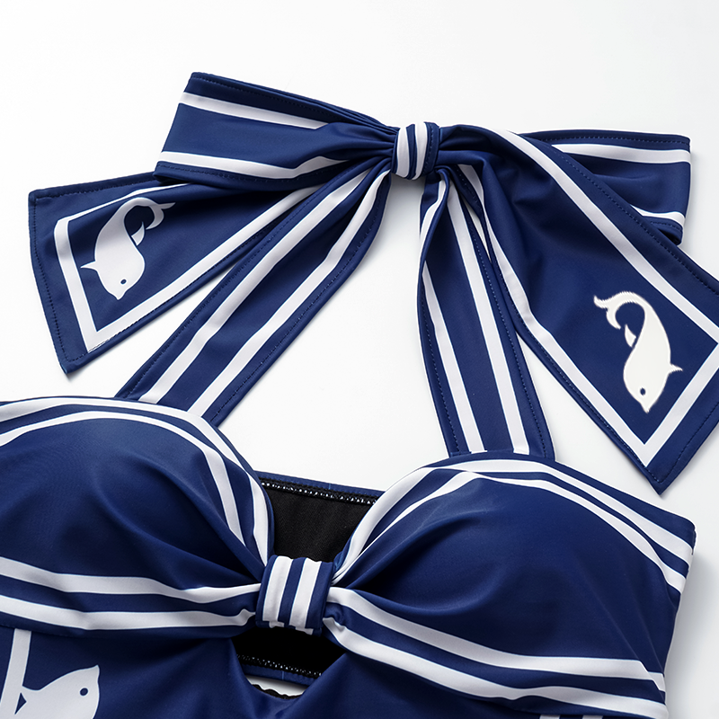 Plus Size Navy Style Printed Bow Tie Decor One Piece Swimsuit and Skirt