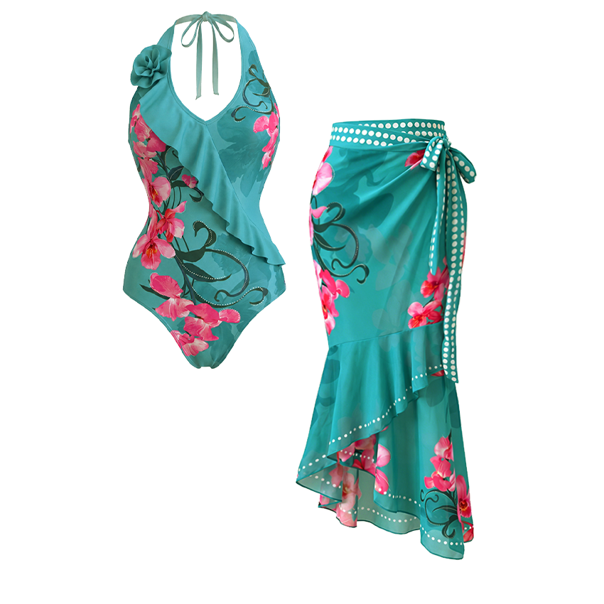 [Copy]Blue-Pink-Orange Gradient Beaded Braided Floral Swimsuit Set(s)