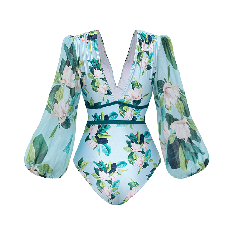 Long-sleeved Mangnolia Print One Piece Swimsuit and Skirt