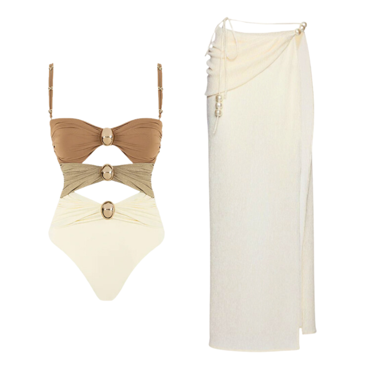 Color Block Cutout One Piece Swimsuit and Sarong Flaxmaker