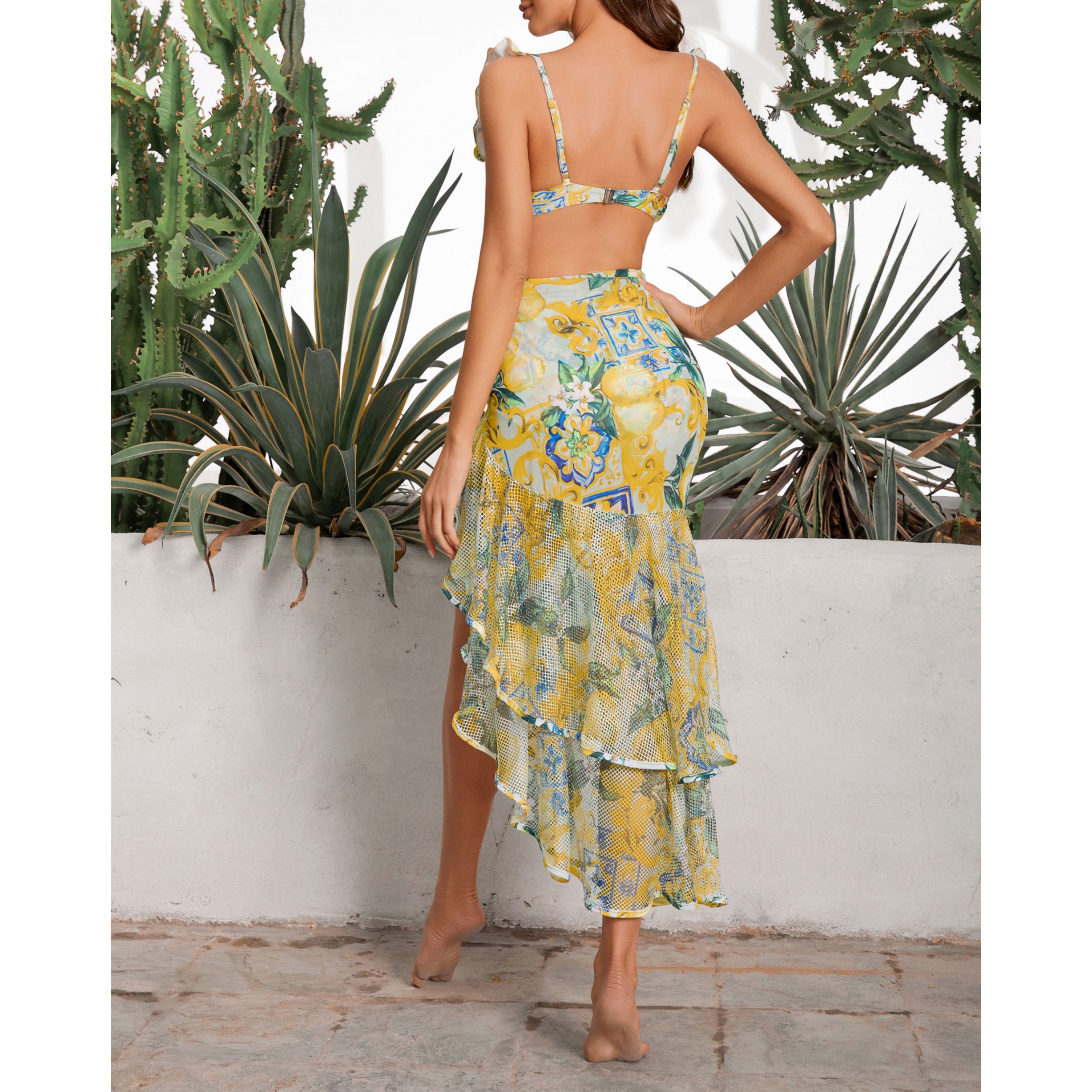 Lemon Print Ruffle Strap Bikini Swimsuit and Mesh Splicing Sarong Flaxmaker
