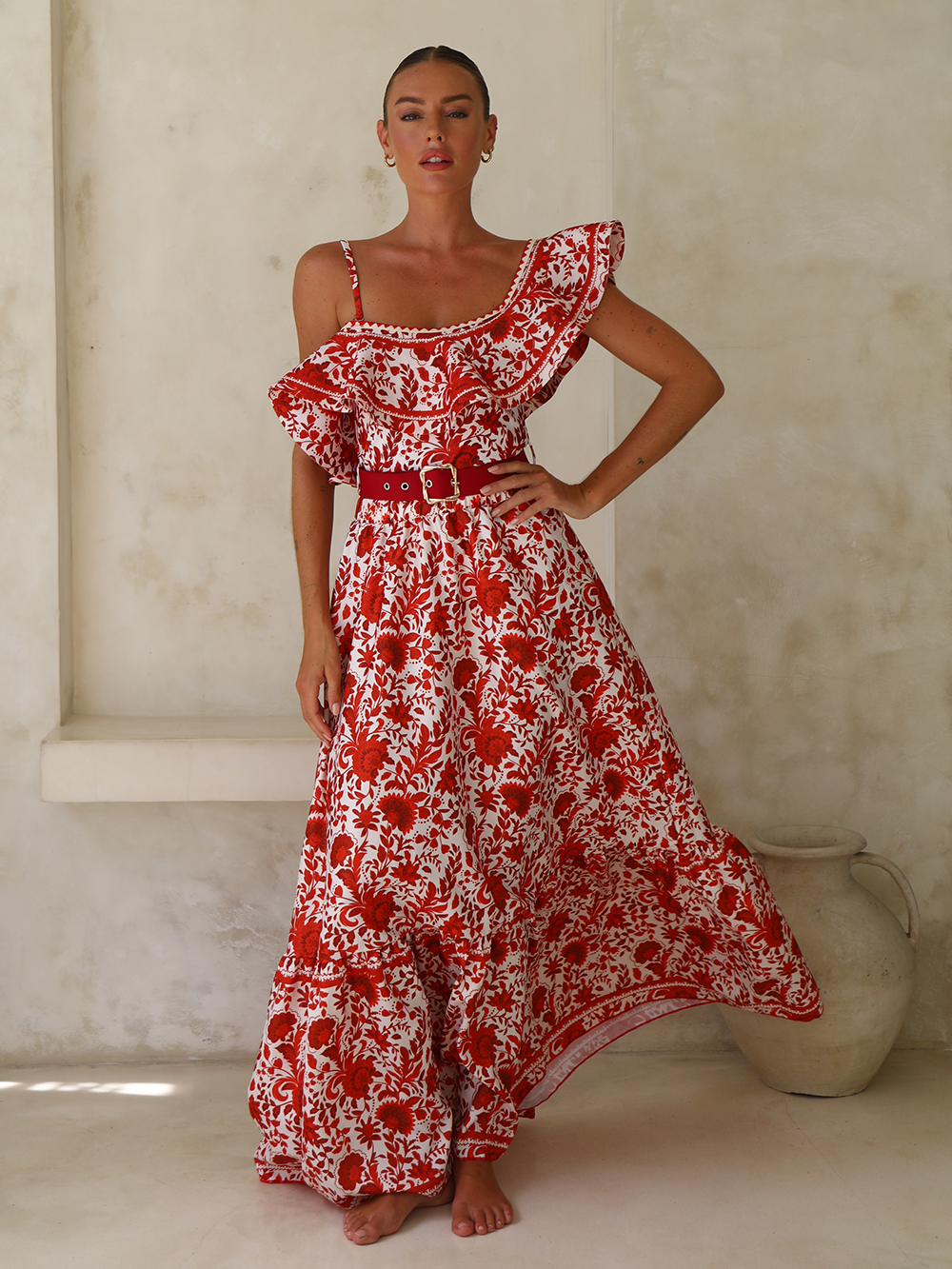 Bandeau Ruffled Red Flower Silhouette Print One Piece Swimsuit and Skirt