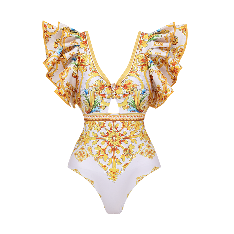 Ruffle V Neck  Golden Majolica Print One Piece Swimsuit and Scooter skirt