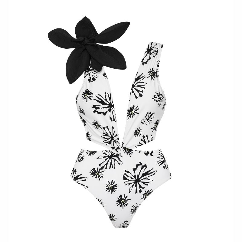 Flaxmaker Shoulder Flower Decor Printed One Piece Swimsuit and Sarong ...