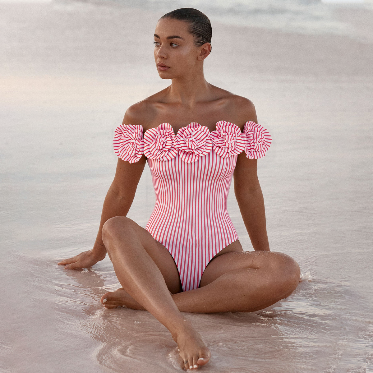 One Shoulder 3D Flower One Piece Swimsuit and Skirt