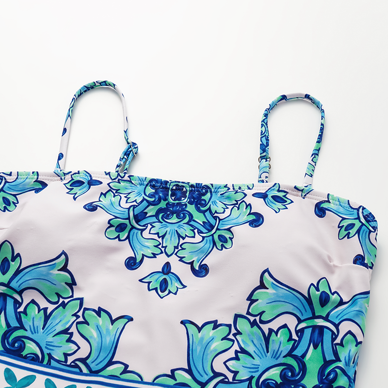 Off Shoulder Majolica Print One Piece Swimsuit and Sarong or Pants