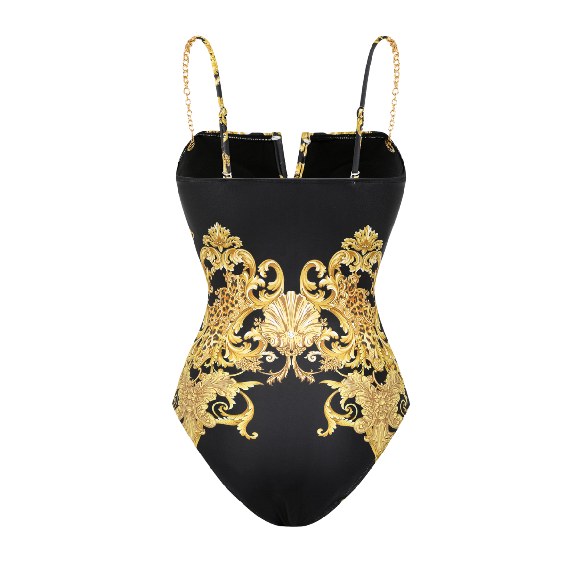 Vintage Black Gold Baroque Print Metal chain small V-neck One Piece Swimsuit and Skirt