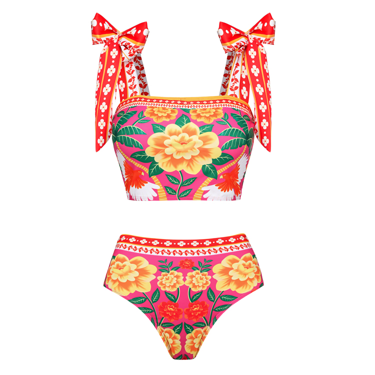 Tie-shoulder Flower Print Bikini Swimsuit and Skirt Flaxmaker
