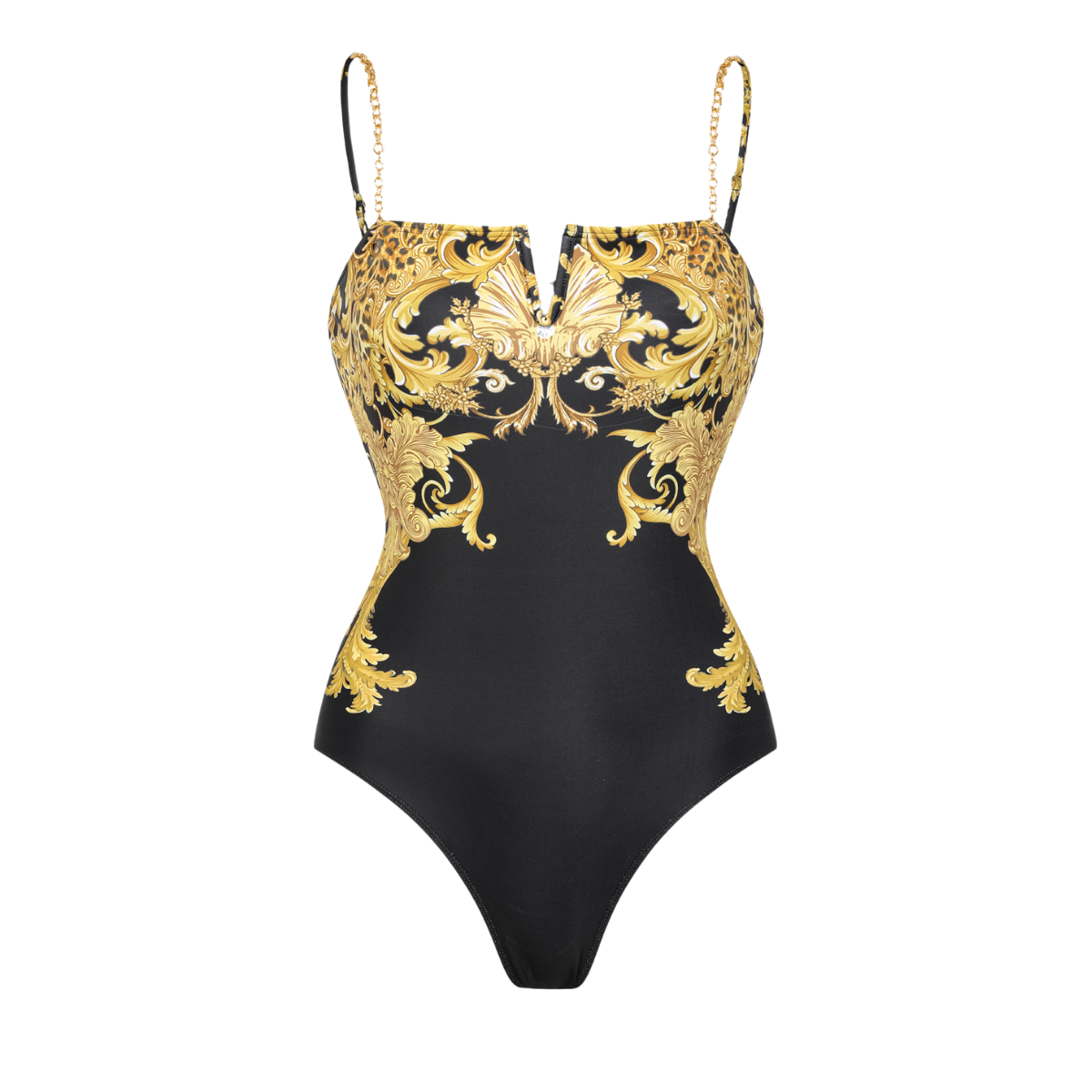 Vintage Black Gold Baroque Print Metal chain small V-neck One Piece Swimsuit and Skirt