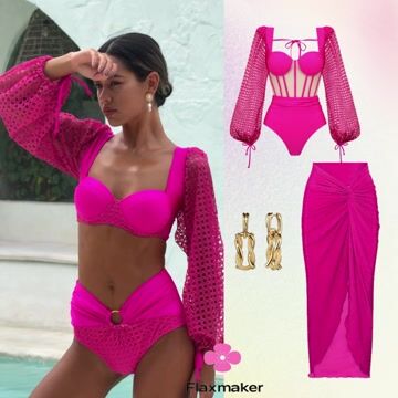 Mesh Hollow Long-sleeved Net Yarn Splicing One Piece Swimsuit and Sarong
