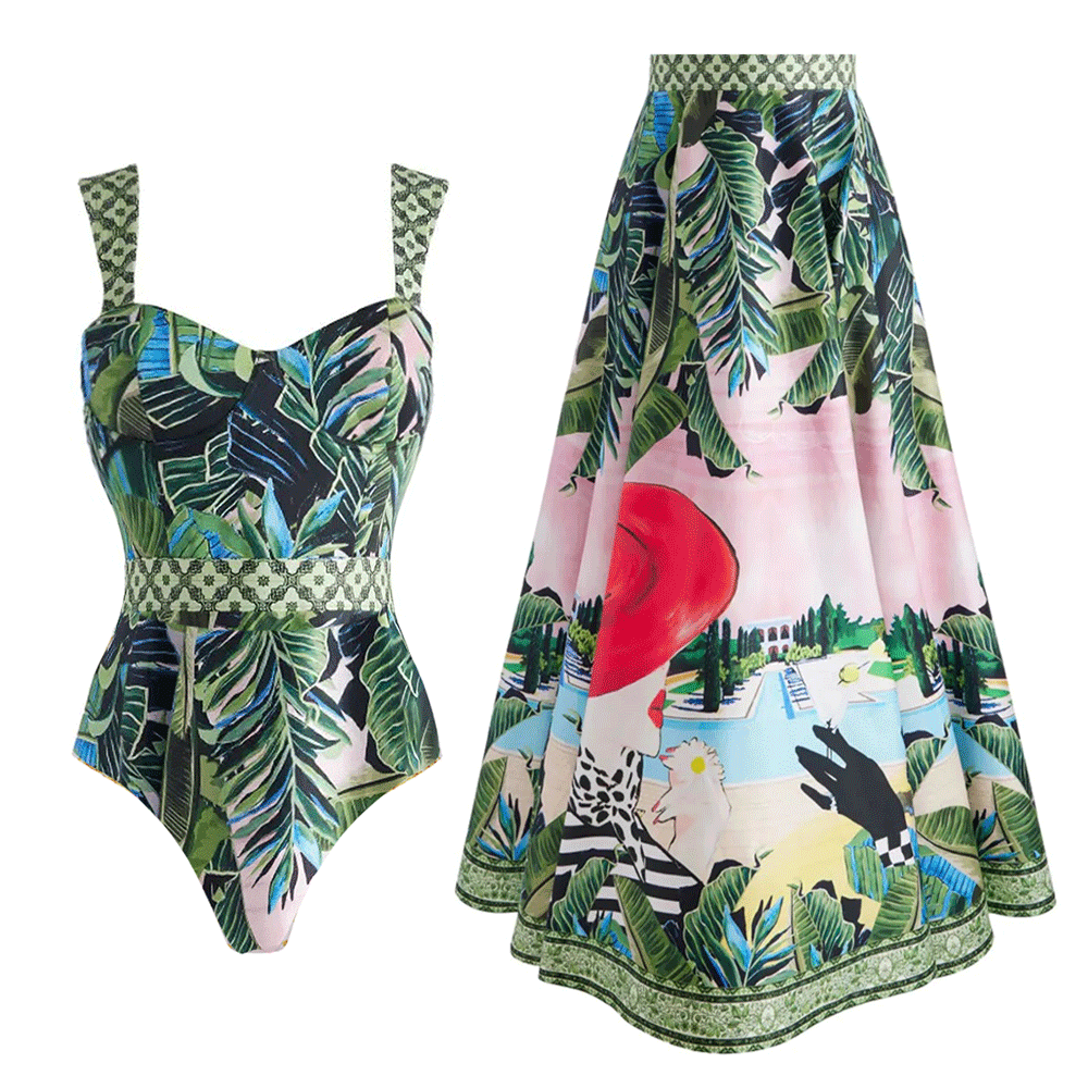 Sling Printed One Piece Swimsuit and Skirt