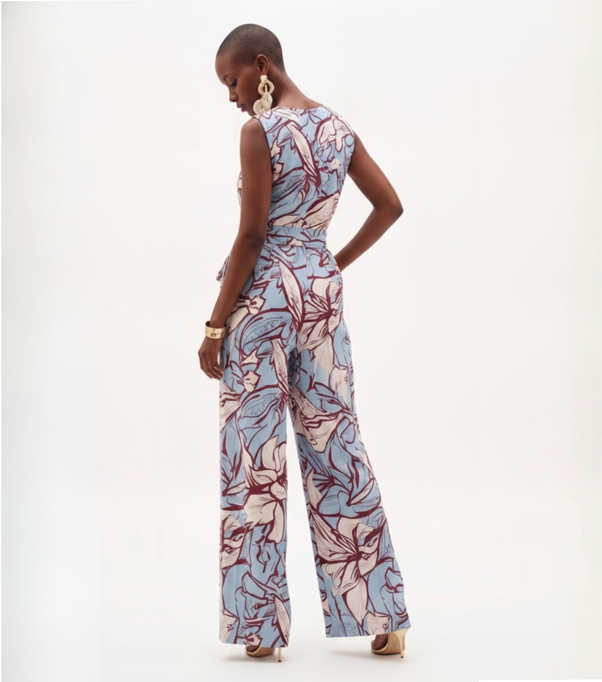 Light Blue Floral Print V-Neck Wrap Jumpsuit