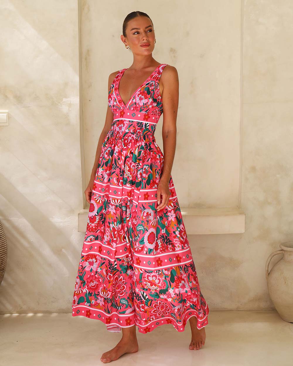 Pink Floral Paradise Print V-neck One Piece Swimsuit and Skirt